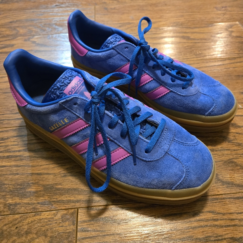 adidas Gazelle Women's Blue Suede Sneakers with Pink Stripes and Gum Sole